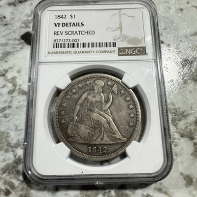 Dólar sentado 1842 NGC VF detalles bonita moneda fecha rara solo 184.618 acuñado Foto 1 de 2