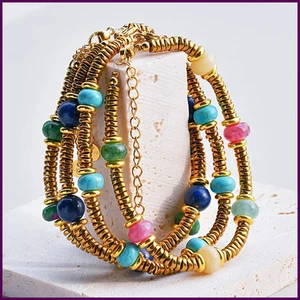 Fashion Colorful Natural Stone Beads Chain Bohemia Stainless Steel Gold Color - Picture 1 of 37