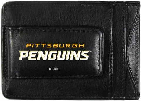 Pittsburgh Penguins Premium Black Leather Money Clip Front Pocket Wallet Hockey Cover
