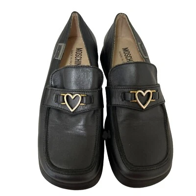 Moschino Girls Black Leather Loafers 33 US 2 Metal heart - Image 1 of 4