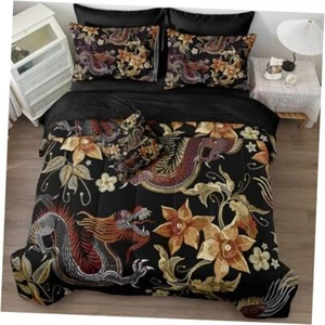 Black Full Comforter Set Abstract Dragon Bedding Comforter Set Floral Home - Picture 1 of 8