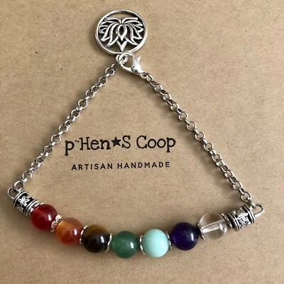 Chakra Bracelet Genuine Stone W Lotus Charm Beaded Artisan USA 895 - Image 1 of 2