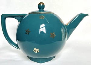 Vintage Hall China 6 Cup Teapot "Star" Teal and Gold 0740 - Picture 1 of 10
