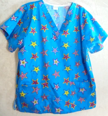 Stafford Scrub Top Womens Medium M Blue Stars Shirt Short Sleeve Tunic - Image 1 of 4