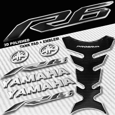 2-TONE CHROME SILVER PRO GRIP FUEL TANK PAD+8" YAMAHA LOGO+YZF-R6 EMBLEM STICKER - Image 1 of 4