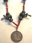 Guatemalan Chachal Silver Coin Necklace Balam Quitze Man of Corn Red Seed Beads
