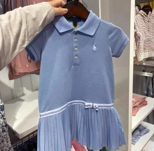 Girls Polo Style Dress 2-3 Years Light Blue Pleated Skirt Cute Bow Casual Outfit - Picture 1 of 1