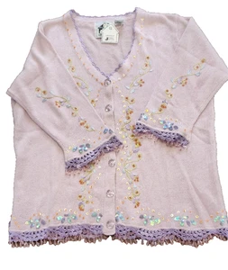 Storybook Knits Sweater Cardigan Purple Pastel Floral Beaded Sz M - Picture 1 of 8