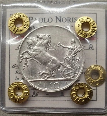 MONETA REGNO D'ITALIA 10 LIRE 1928 BIGA * UNA ROSETTA V.E.III PERIZIATA BB/SPL - Immagine 1 di 2