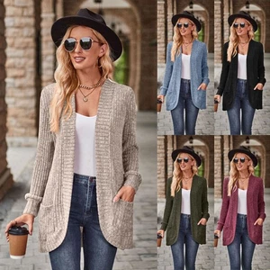 UK Ladies Ribbed Long Sleeve Jumper Cardigan Casual Loose Plain Coat Blouse Size - Picture 1 of 13