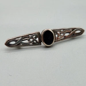 Vintage Bar Brooch Celtic black onyx 925 silver white metal - Picture 1 of 6