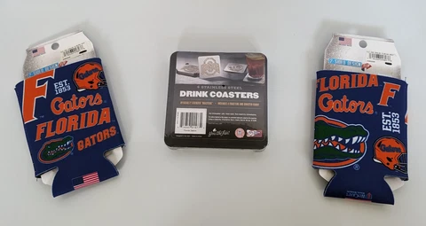 Florida Gators Blue Can Coolers (2) + Stainless Steel Drink Coasters (4) Cover