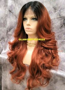 HUMAN HAIR BLEND LACE FRONT FULL WIG LONG WAVY LAYERED OMBRE BLACK COPPER MIX