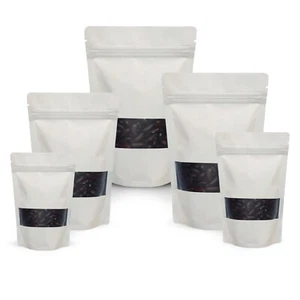 SACCHETTI STAND UP BIANCO OPACO FINESTRA MYLAR SACCHETTO SIGILLO TERMICO CHIUSURA CON CERNIERA PER USO ALIMENTARE  - Foto 1 di 11