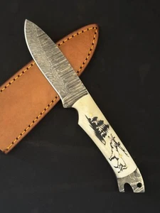 9 Fire Storm Damascus Steel Drop Point Scrimshaw Skinner Hunting Knife OX 3459, - Picture 1 of 5