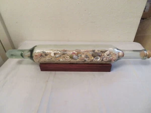Seashells and Sand in a Long Hand-blown? Nosed Corked Glass Bottle w Wood Stand - Picture 1 of 9