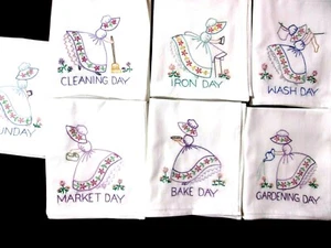 HAND EMBROIDERED DISHTOWELS COLONIAL SUNBONNET LADY SET 7 XL32X36 UNIQUE GIFT - Picture 1 of 7