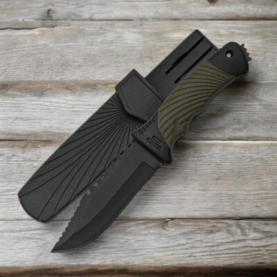 Tactical Knife | Black 4.25" Fixed-Blade Glass Breaker Sawback Slim Sheath Green - Image 1 of 4