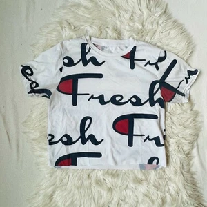 Champion Top Womens Small Graphic Fresh Logo Cropped Knit Tshirt Tee - Picture 1 of 6