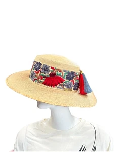 Cappello Pasionarte Cordobes Taglia Small Rosso Blu Cintura Floreale Cappello Unico Derby - Foto 1 di 2