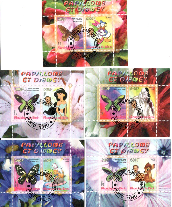 BENIN 2008 DISNEY 5 Souvenir Sheet, DONAL , ALEXANDRA'S, BIRDWING ,BAMBI, - Image 1 of 1