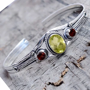 Faceted Peridot, Garnet Cut Gemstone Bracelet 925 Sterling Silver Men's Cuff-s86 - Picture 1 of 6