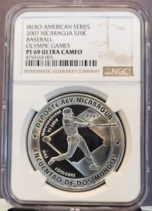 2007 NICARAGUA SILVER 10 CORDOBAS BASEBALL NGC PF 69 ULTRA CAMEO SCARCE - Picture 1 of 3