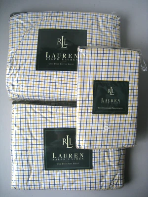 Ralph Lauren Sheet Set TWIN 3pc University Tattersal Plaid White Flat Fitted Vtg - Image 1 of 4