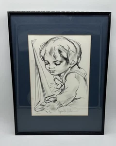 Hyacinthe Kuller Bleistift signierte Lithographie des Kindes mit Segelboot gerahmt 18" x14" - Bild 1 von 11