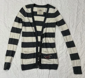 HOLLISTER Charcoal Gray & White STRIPED CARDIGAN SWEATER~Women / Juniors Medium - Picture 1 of 8
