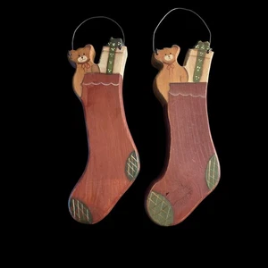 Calze in legno pr vintage Natale rustico decorazione country giocattoli dipinti a mano primitivo - Foto 1 di 6
