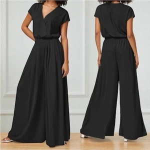Halara Black Short Sleeve Wide Leg Flowy Waffle Casual Jumpsuit Pockets Size XL - Picture 1 of 9