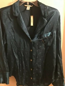 Victoria Secret Satin Pajama Top Blouse S Blue long sleeve women's polka Dot - Picture 1 of 3