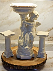 Vintage Ceramic Cherub Angel Figurine Pilar Candle Holder 11.5" W/2 PILLARS - Picture 1 of 23