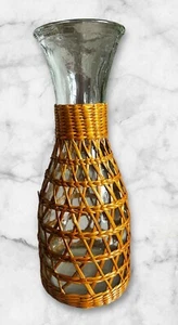 Vintage Wicker Rattan Woven Wrapped Wine Sangria Glass Carafe Boho Mid Century - Picture 1 of 7