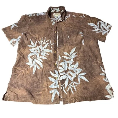 Camisa Hawaiana Island Shores Mezcla Lino Estampado Hojas Tropicales Marrón XL Foto 1 de 4