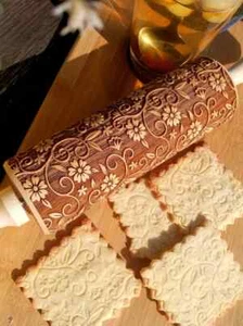 Engraved Flowers Wooden Rolling Pin Embossed Dough Roller Springerle Carved Mold - Picture 1 of 9