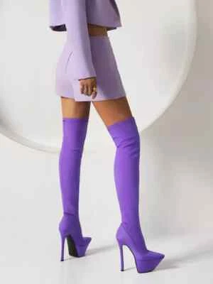 Bottes Femme sur Le Genou Rose Lilas Talon Haut 15 CM Cuir Synthetique 49874 - Photo 1/2