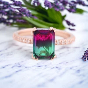 14k Rose Gold 8x6 MM Emerald Cut  Natural Watermelon Tourmaline Women Gift Ring - Picture 1 of 2