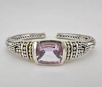 Lagos Sterling Silver & 18k Yellow Gold Pink Quartz Hinged Cuff Bracelet - Image 1 of 4
