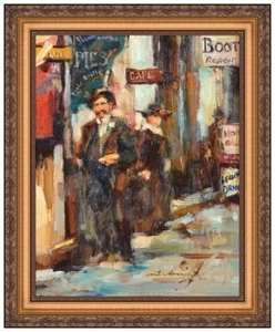 Terry Mimnaugh Original Ölgemälde an Bord Figuren Stadt signiert gerahmtes Kunstwerk - Bild 1 von 4
