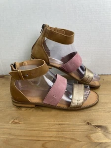 Frye and Co. Evie 2 Sandals Sz 7M Ankle Strap Metallic Gold Pink Suede Leather - Picture 1 of 9