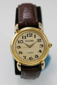 Futura Men Watch Gold Stainless Steel Water Resist Battery Leather Brown Quartz - Picture 1 of 6