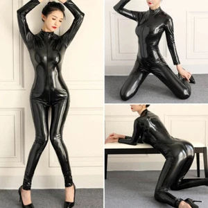 Wetlook Leder Damen Shiny Bodysuit Zipper Schritt offen Catsuit Overall Dessous - Bild 1 von 12