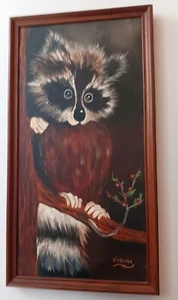Racoon In A Tree with Berries V Hettler Painting Framed 14 x 26 Inches - Picture 1 of 5
