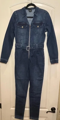 Bebe Womens BNWOT Denim Front Zip Jumpsuit w/rhinestone buckle belt SZ 4 - Image 1 of 4