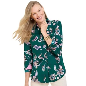 Talbots Button Up Shirt Womens XL Petite Contrast Cuff Boho Floral Long Sleeve - Picture 1 of 12
