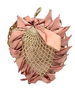 1940s HEART PINCUSHION-Handmade -Rose Red SATIN PETALS Hand Crocheted GC - Picture 1 of 7