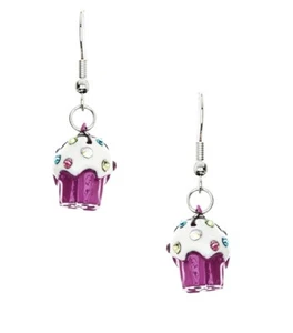 "Pendientes Cupcake púrpura colgantes pedrería multicolor tono plata 1 1/2"" de largo" - Imagen 1 de 2