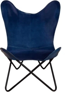 Relaxing Chair With Iron Stand Blue Leather Butterfly Comfortable Arm chair - Picture 1 of 4